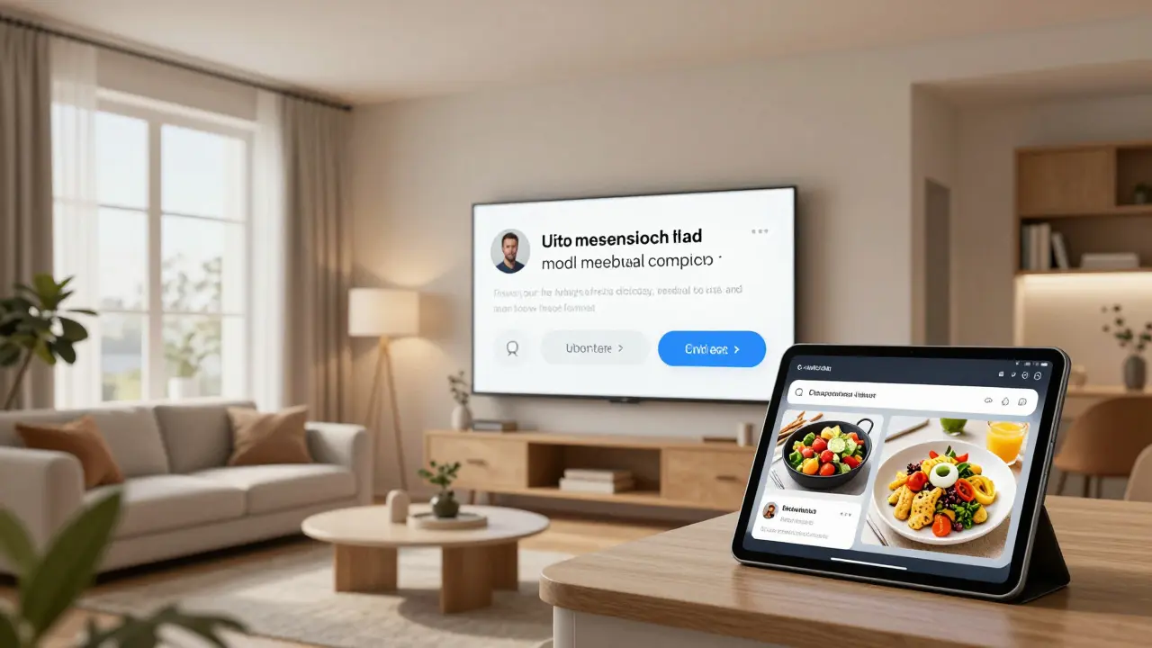 Chytrý byt roku 2027 s adaptivním osvětlením, hlasovým asistentem a doporučením jídla na tabletu.