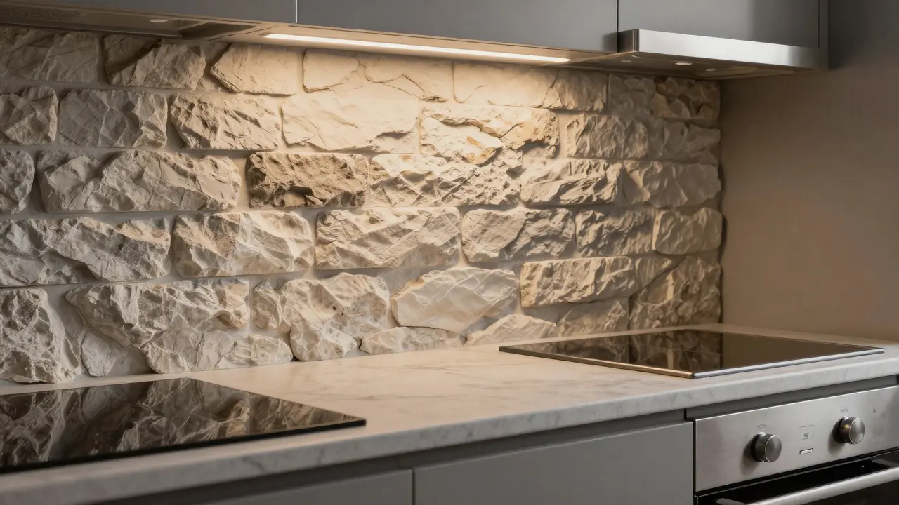 Contemporary Czech kitchen with stone-imitation ceramic tiles and stainless steel appliances.