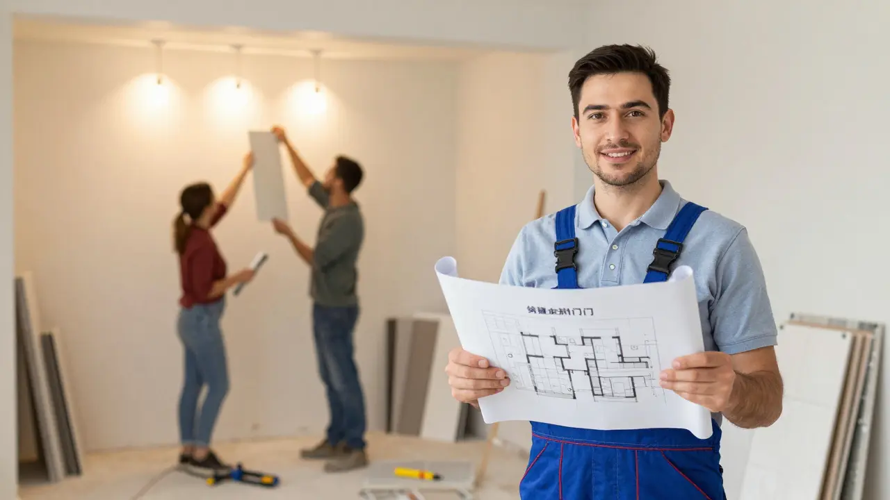 Designér v polozhotovém domě koordinuje práci dělníků a předává projektovou dokumentaci s materiály.