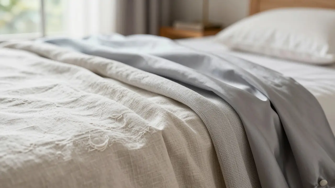 Detaily textilií: bavlna, lněná tkanina, mikrovlákno a satén, přirozené světlo, textura na prvním plánu.