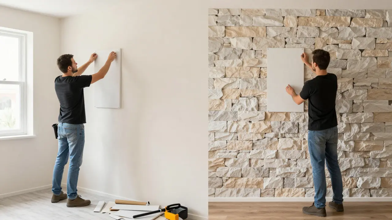 DIY homeowner applying self-adhesive 3D panels to transform a plain wall into stone texture.