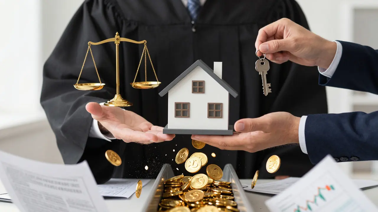 Dům je zvedán dvěma rukama — jednou právníka a jednou makléře — s bezpečným převodem peněz mezi nimi.