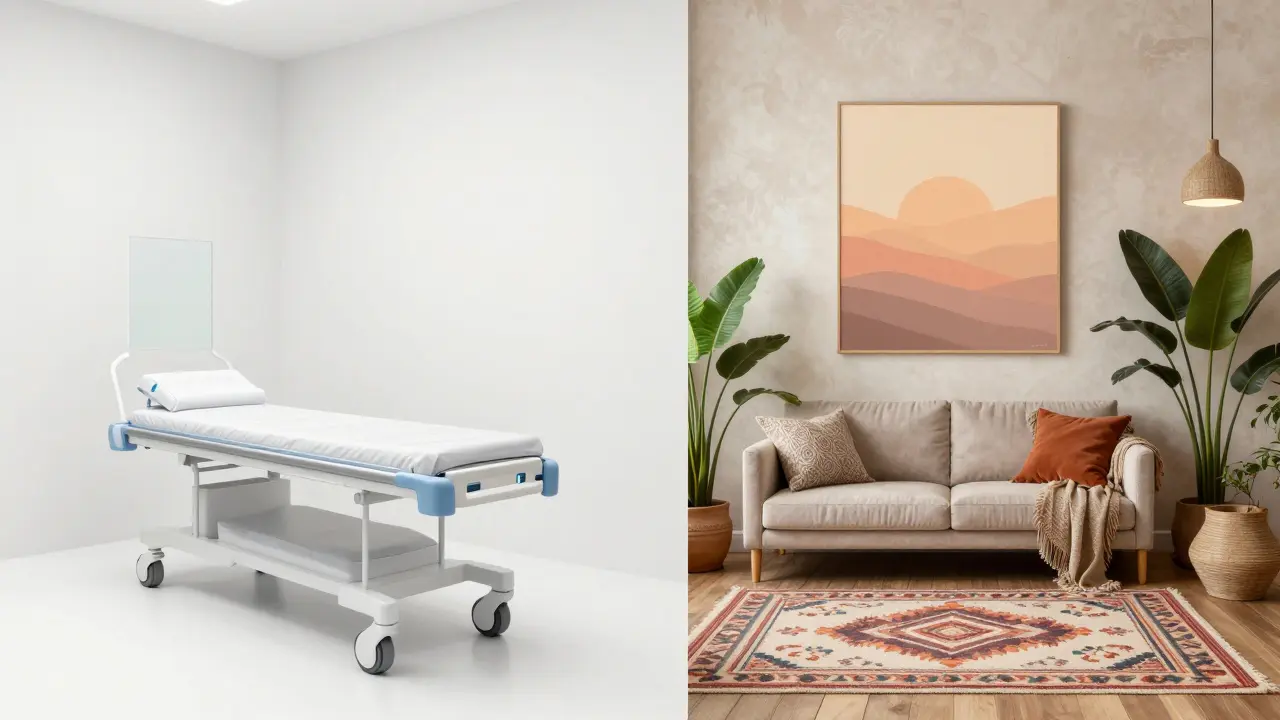 Dva protichůdné styly interiéru: minimalistický bílý prostor a bohémský, texturálně bohatý prostor vedle sebe.