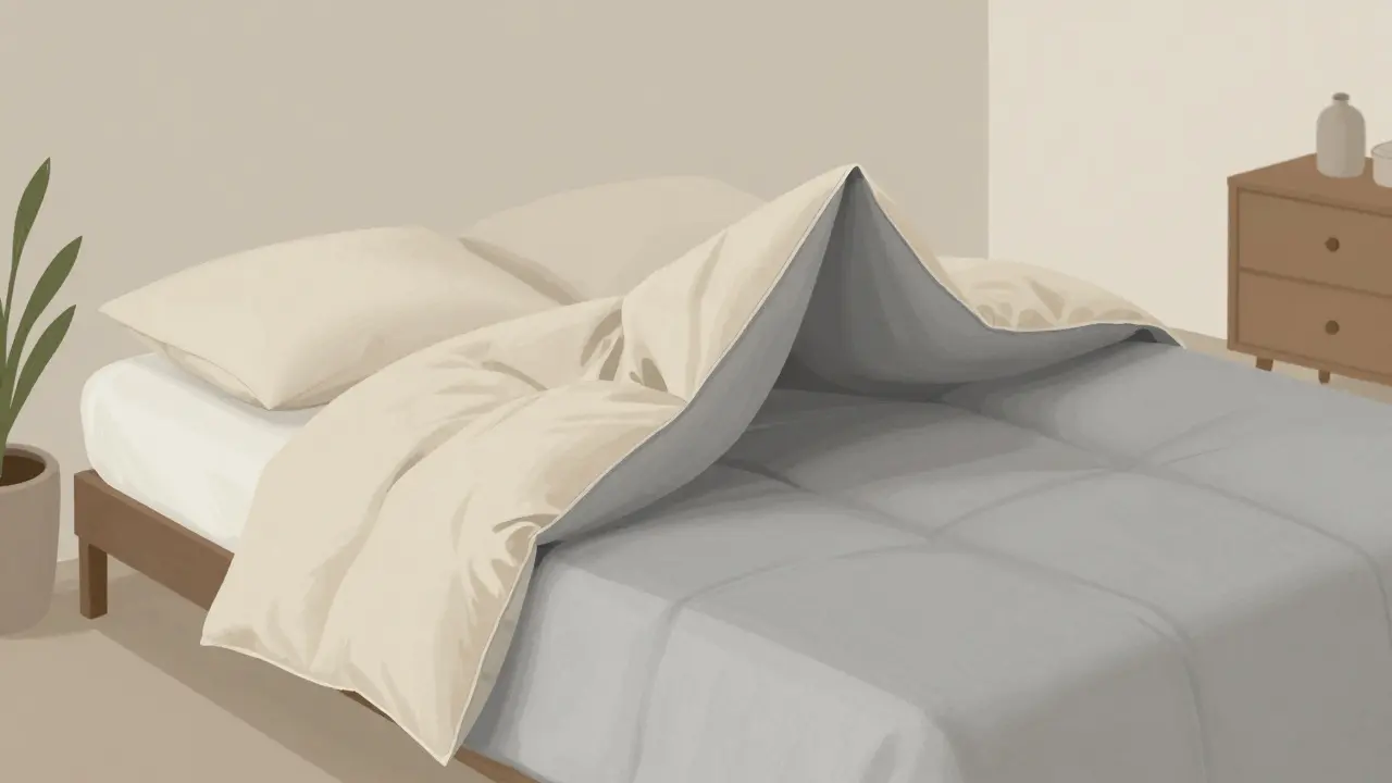 Dvoustranný přehoz převrácený, jedna strana teplá, druhá chladná, na čisté posteli.