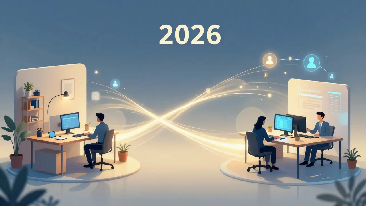 Koncept hybridní práce zobrazující rovnováhu mezi domovem a kanceláří