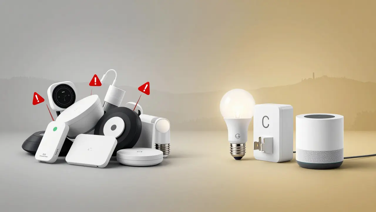 Konflikt nekompatibilních zařízení vs. jednoduchý chytrý systém s jednou platformou.