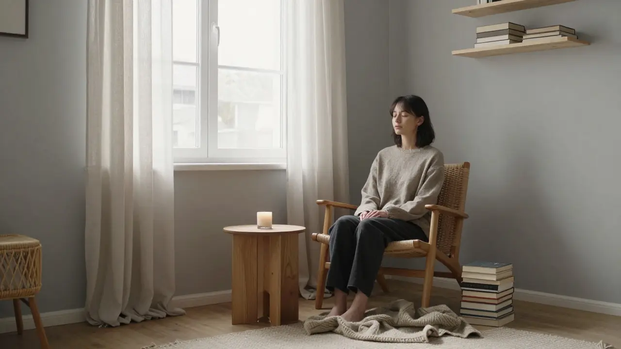 Koutek pod oknem s přírodními textiliemi, knihami a přirozeným světlem, kde někdo klidně sedí.