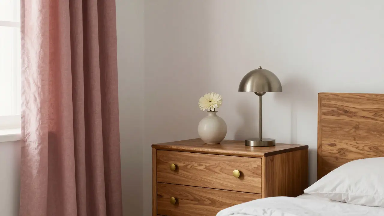 Ložnice s moderním postelem a antikovou komodou s mosaznými rukojetmi a jednou květinou.