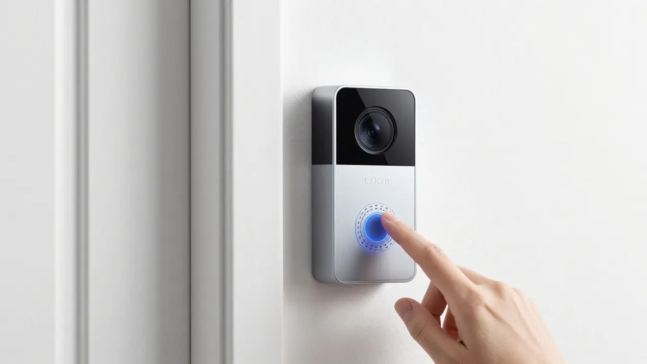 Minimalist video doorbell mounted at ideal height with concealed wiring in a modern hallway.