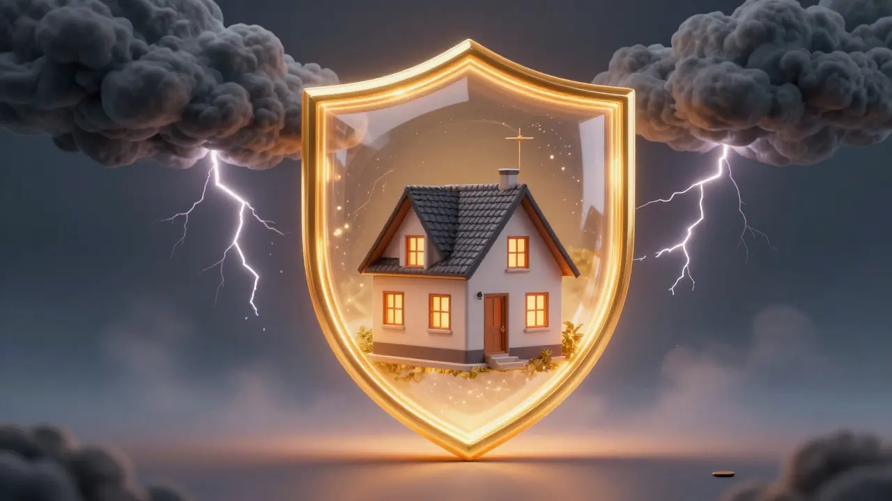 Model domu chráněný zlatým štítem před bouří