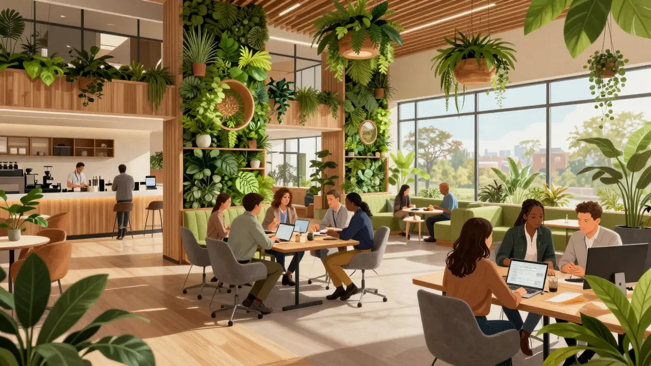 Moderní kancelář s rostlinami a prostorem pro spolupráci v hybridním režimu