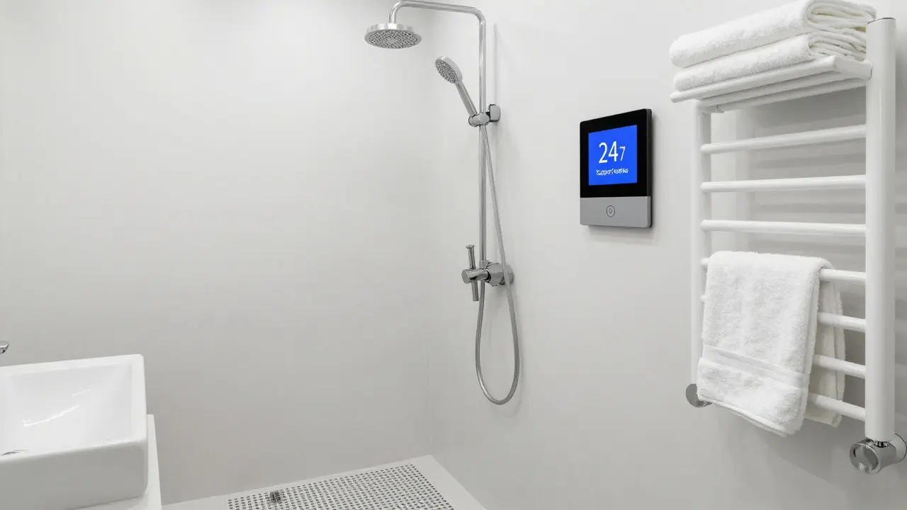 Moderní koupelna s protisklizným podlahovým krytem, kvalitními kohoutky a digitálním panelom pro podporu 24/7.