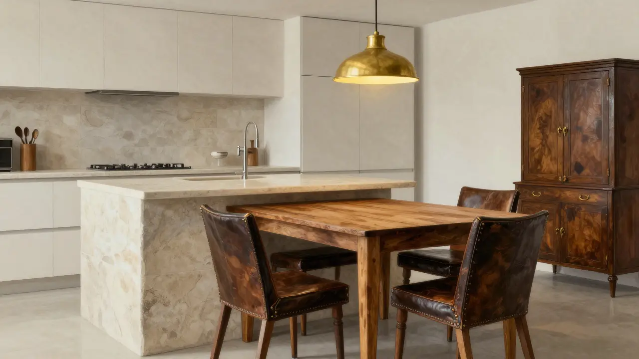 Moderní kuchyně s kamenitým ostrovem a starým dřevěným obědovým stolem s kůžovými židlemi.