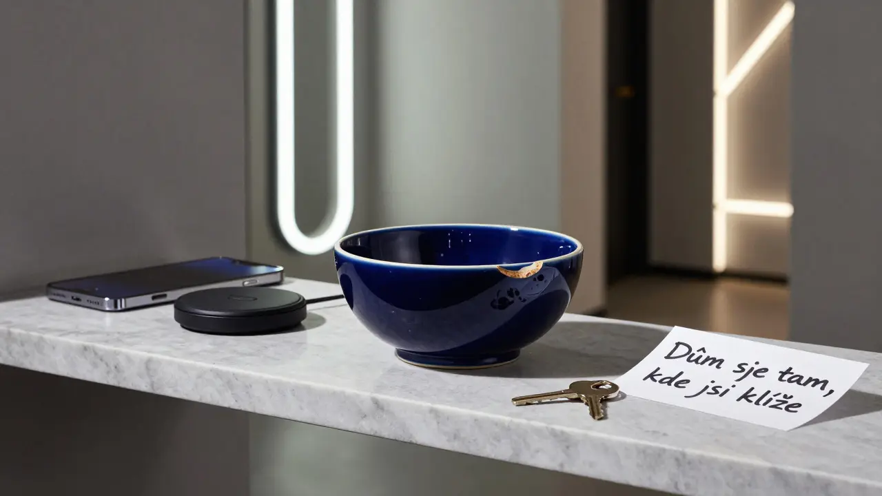 Modrá kameninová miska s Qi nabíjením a klíči v moderní předsíni s nápisem na pozadí.