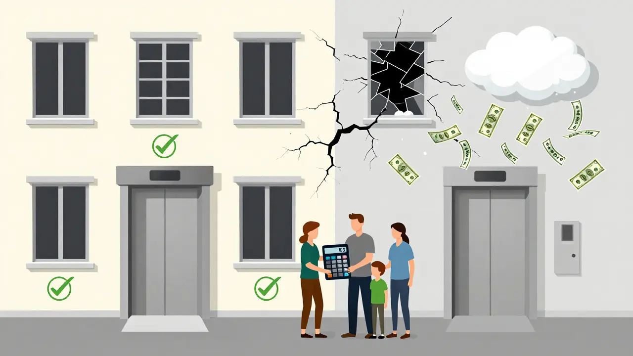 Panelový dům na rozcestí: jedna strana modernizovaná, druhá zchátralá, rodina před ním s kalkulačkou.