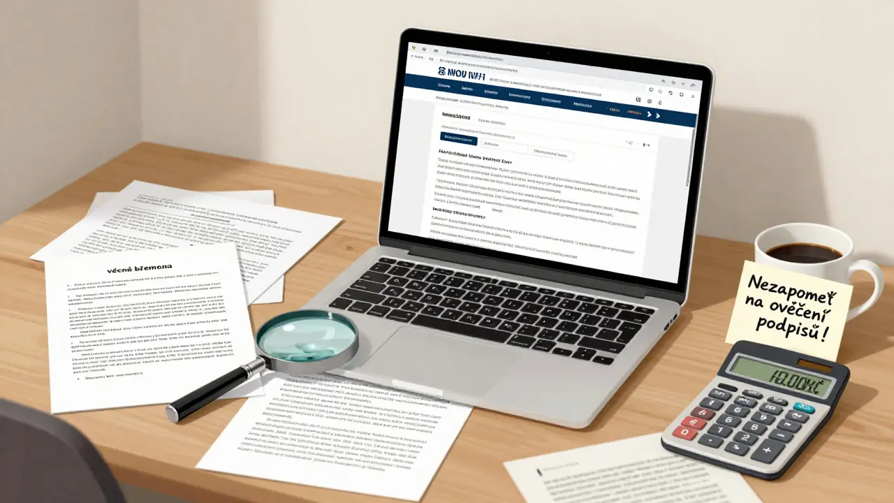 Pisující stůl s dokumenty o koupi nemovitosti, laptopem a poznámkou o ověření podpisů.