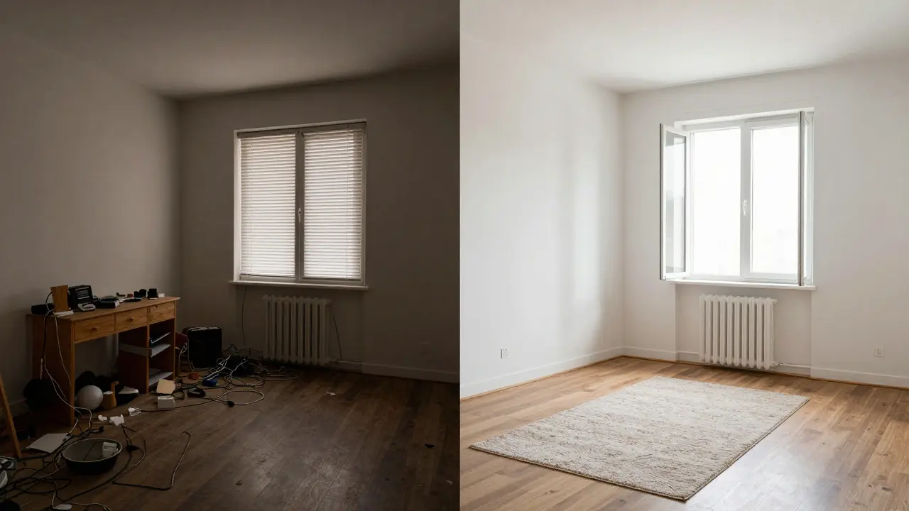 Porovnání před a po home stagingu: zaplněný vs. připravený byt s jasným kontrastem.