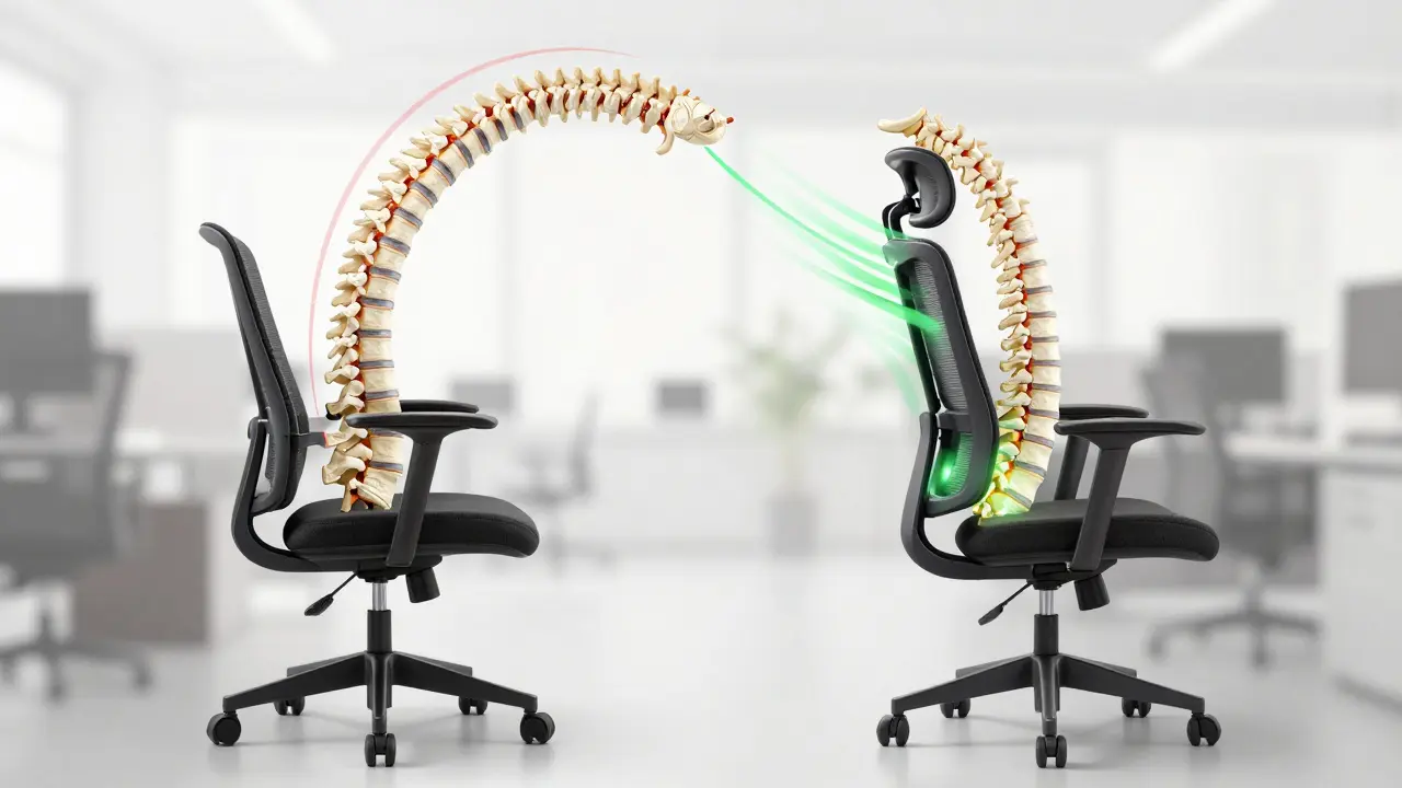 Porovnání přirozeného zakřivení páteře na ergonomické židli a nesprávné poloze na běžné židli.