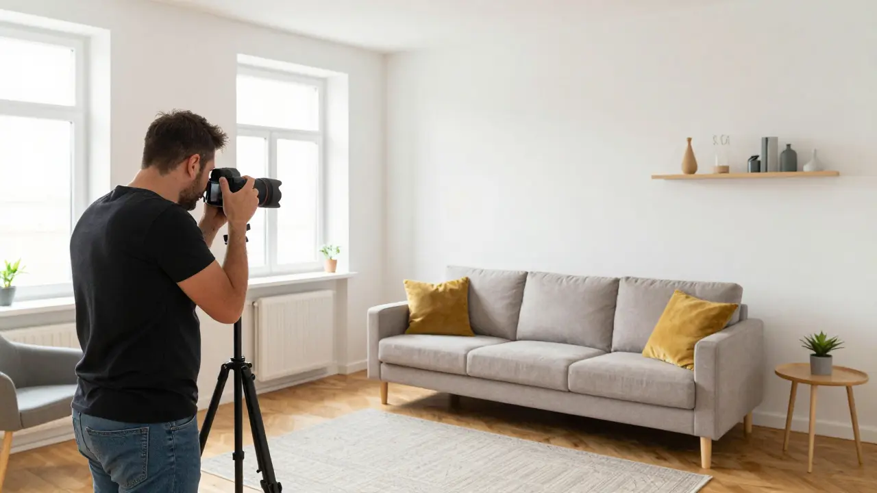 Profesionální fotografie bytu s čistými stěnami, textilii a otevřenými žaluziemi.