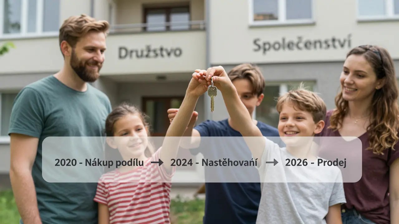 Rodina předává klíče novému bytu, přes něj se promítá časová osa převodu vlastnictví.
