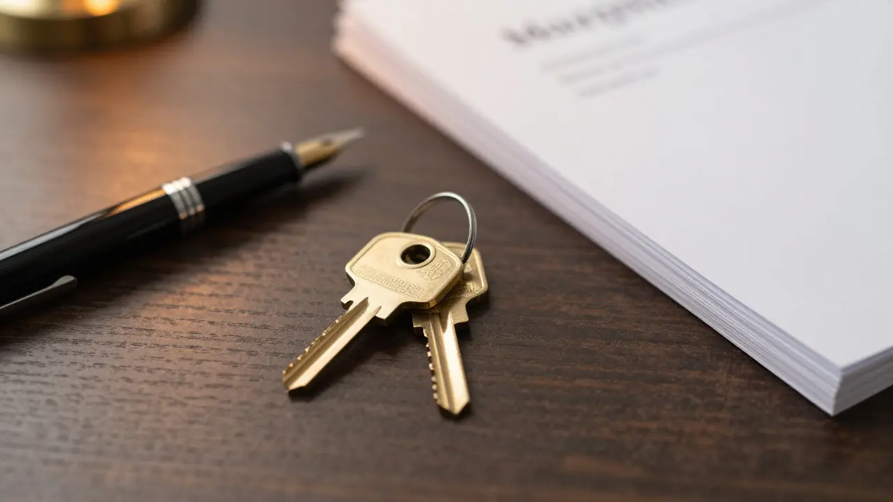 Rozpracovaná dokumentace pro hypotéku na stole s klíči a tužkou