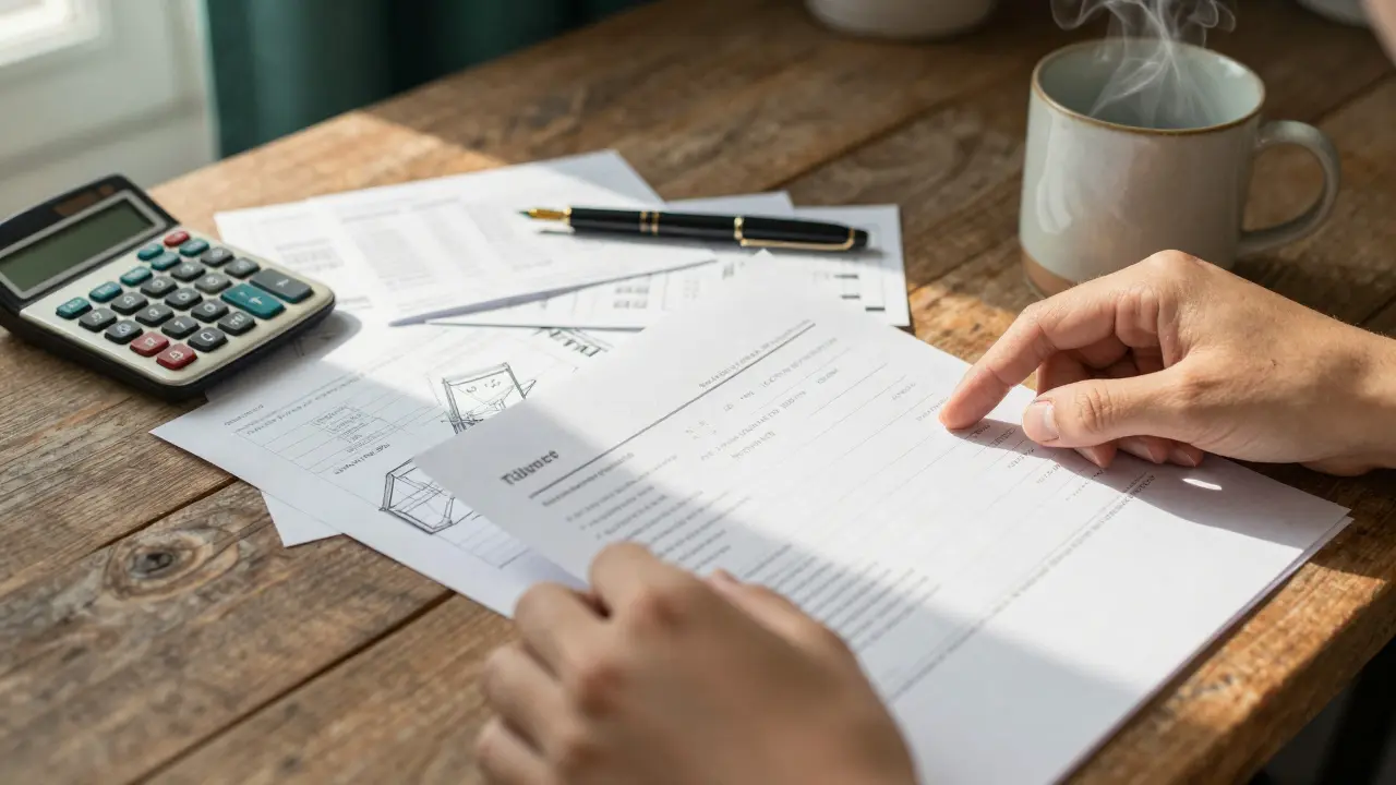 Ruce tříbí papíry a výkresy na dřevěném stole