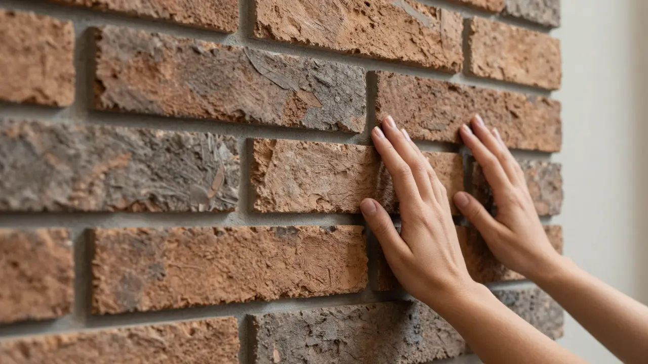 Ruka dotýkající se texturovaného cihlového obkladu s jemnými odstíny