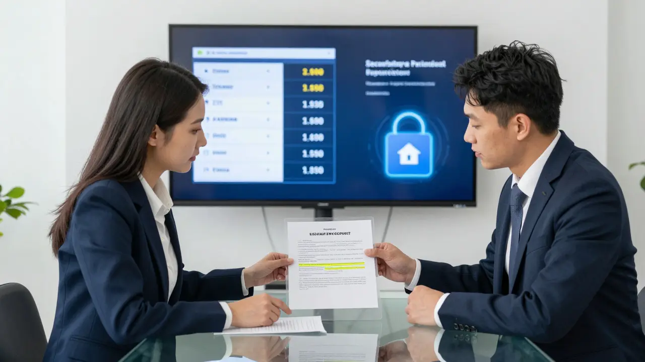 Specializovaný realitní makléř a právník spolupracují na smlouvě v kanceláři, zatímco na obrazovce roste cena nemovitosti.