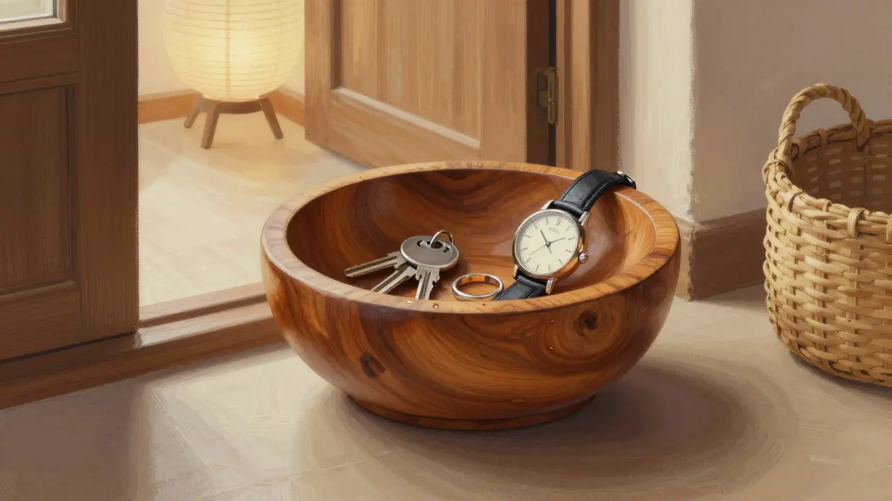 Teplá dřevěná miska na klíče s hodinkami a prstenem v rustikálním interiéru.