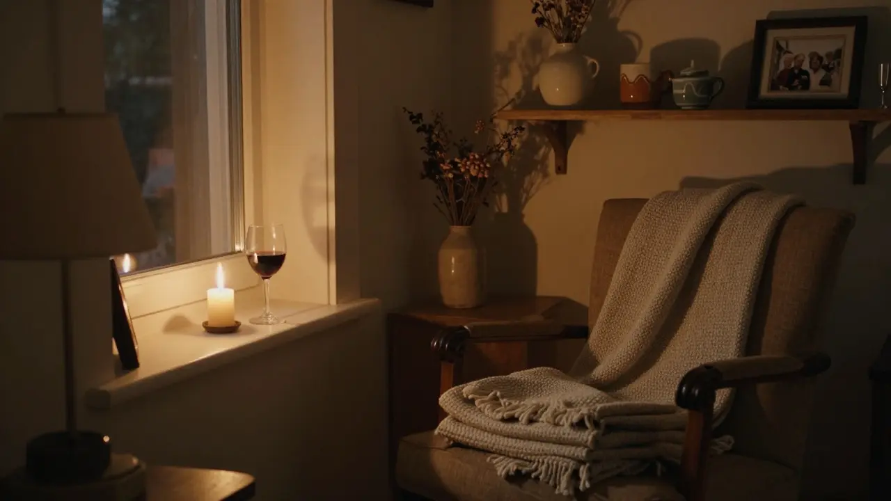 Večerní scéna v malém bytě s jednou svíčkou, vínem a vlněnou dekou, bez přebytečného vybavení.