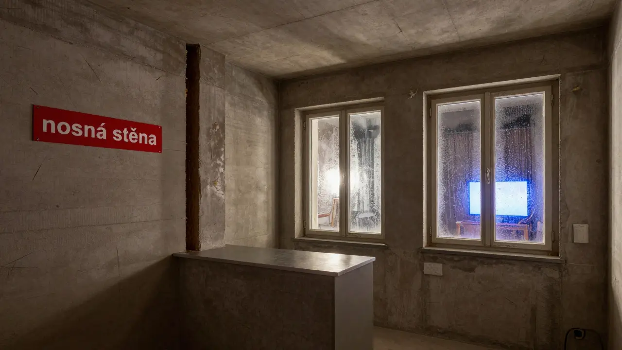 Vnitřek panelového bytu s nosnou stěnou, špatnými okny a slyšitelným hlukem ze sousedního bytu.