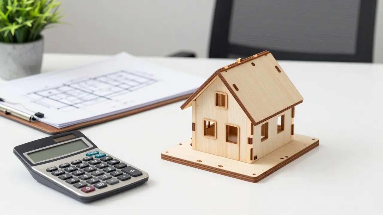 Architektonický model dřevěného domu s finančními dokumenty na stole.