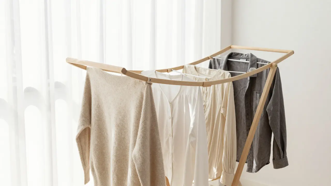 Čisté oblečení rozvěšené na dřevěném sušáku v světlé a vzdušné místnosti.