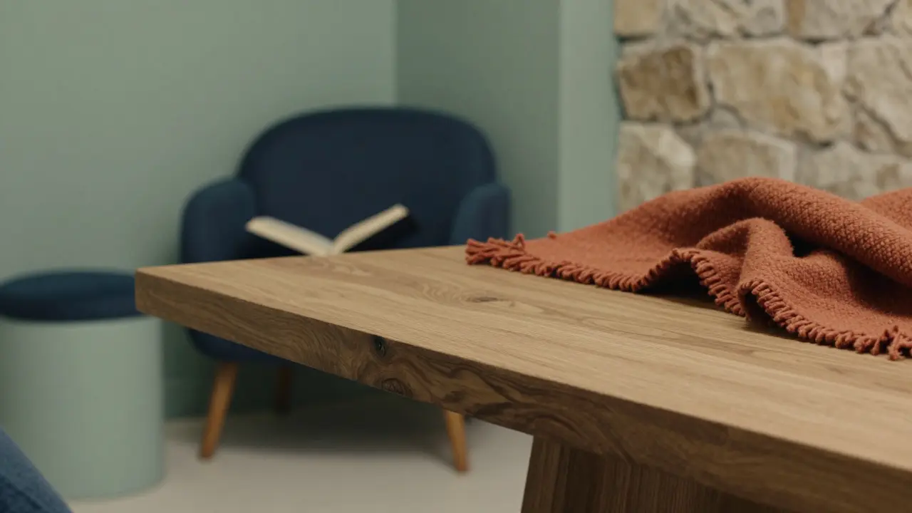 Detail dřevěného stolu, vlněné přikrývky a organických tvarů v uklidňujících zemitých barvách.