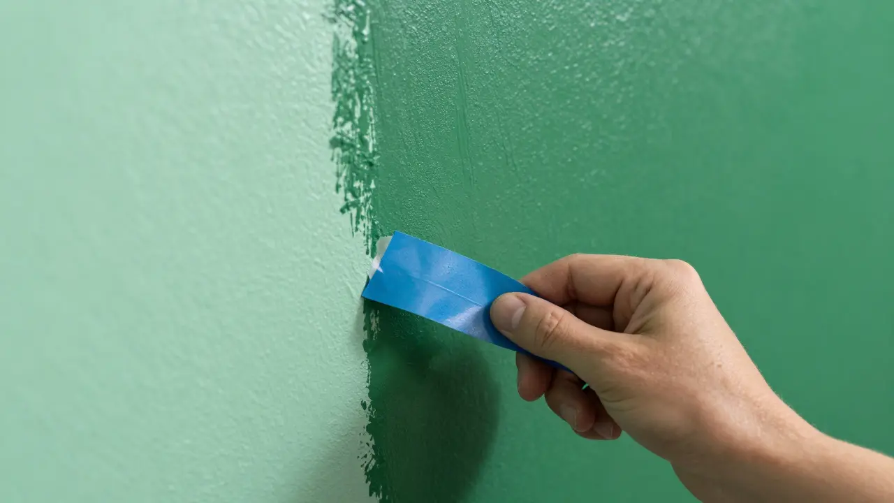 Detail odlepování malířské pásky, která vytváří ostrý přechod mezi dvěma tóny zelené.