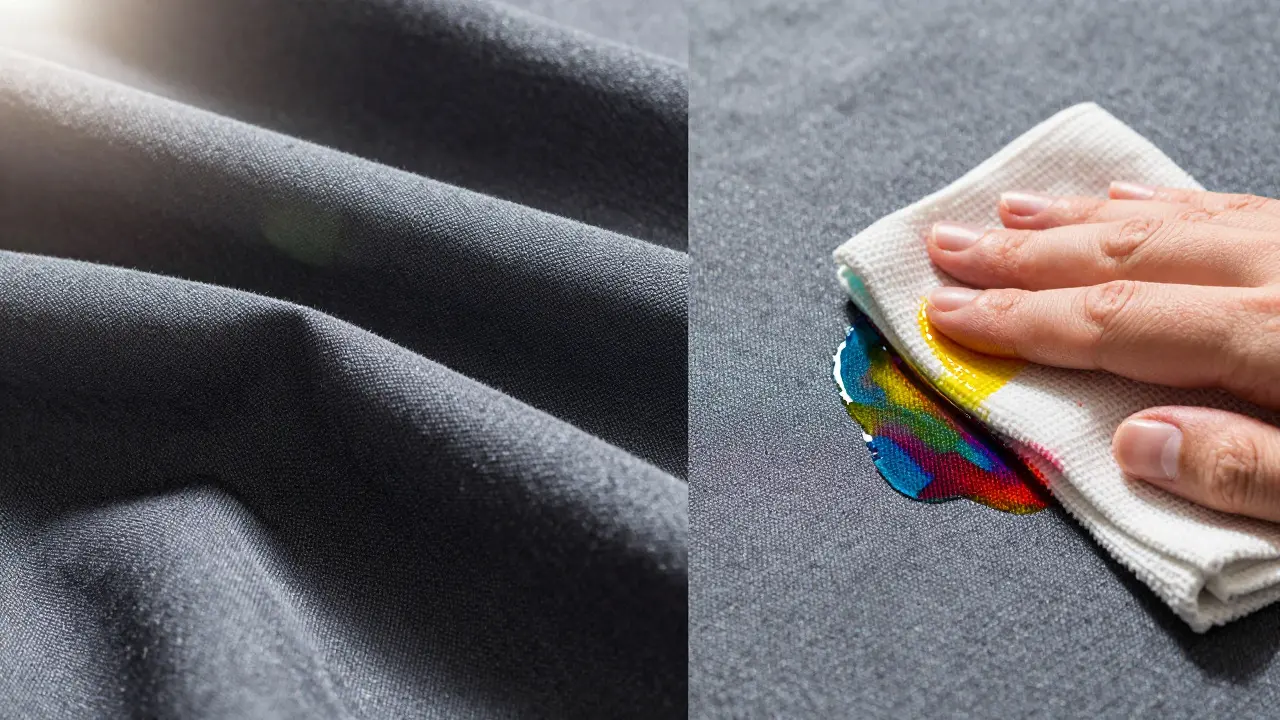 Detail odolné akrylové látky Dralon vykazující stálost barev a snadné čištění.