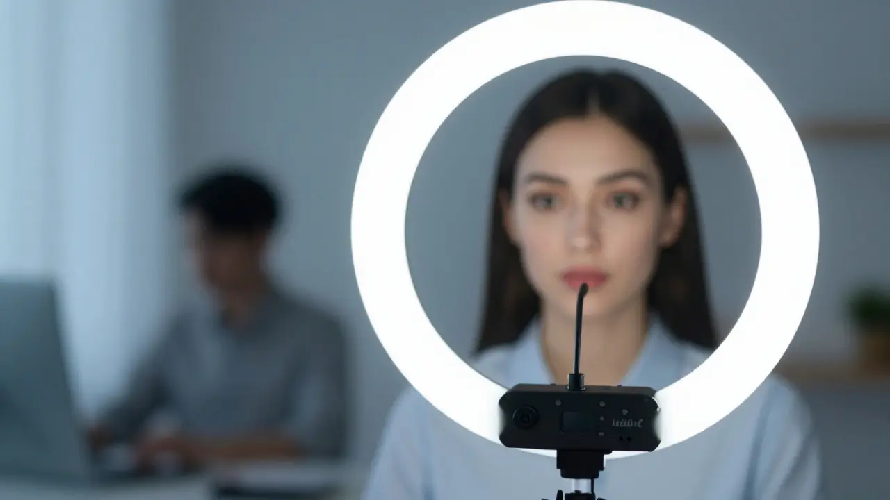 Detail osvětlení s kruhovou lampou pro kvalitní obraz při videohovoru.