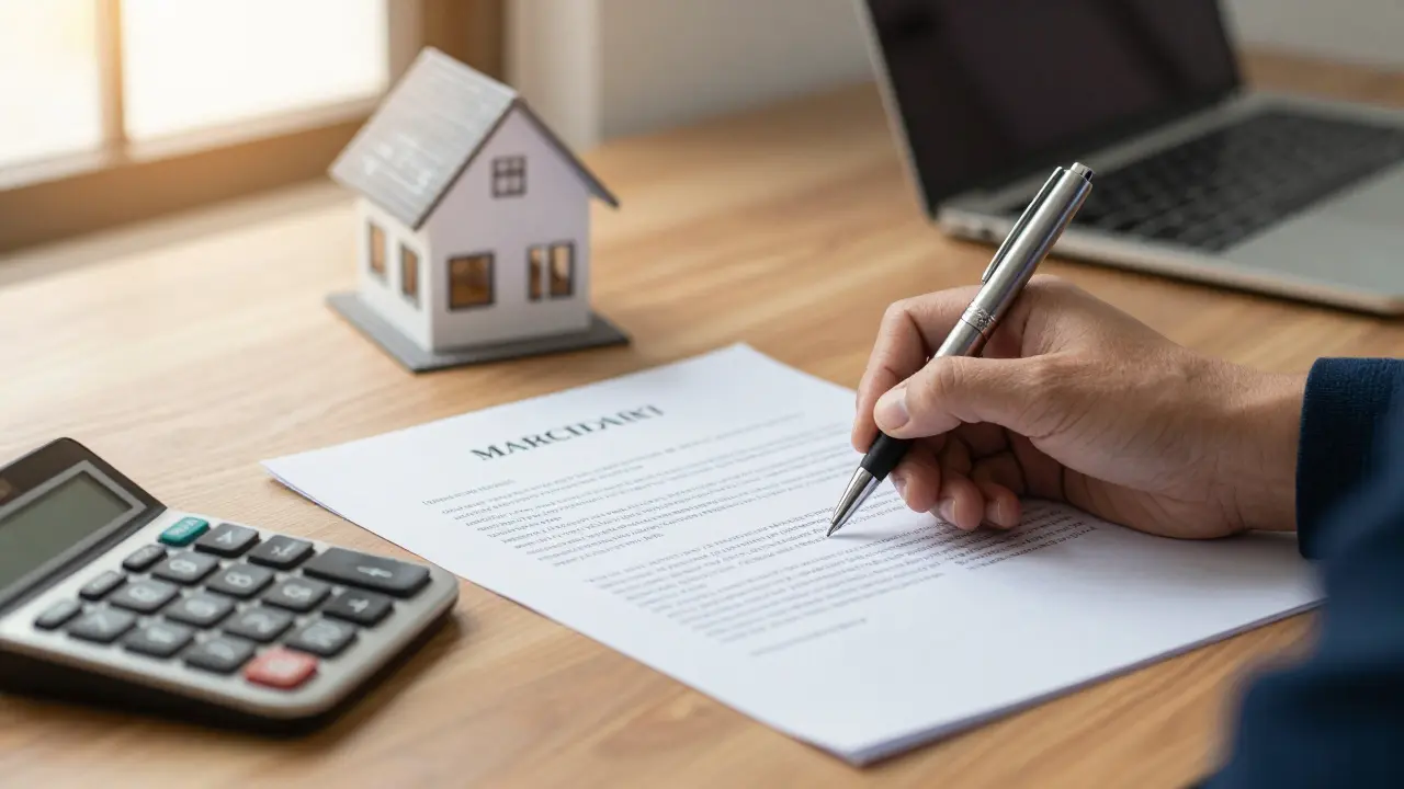 Detail ruky podepisující hypotéční smlouvu vedle kalkulačky a modelu domu.