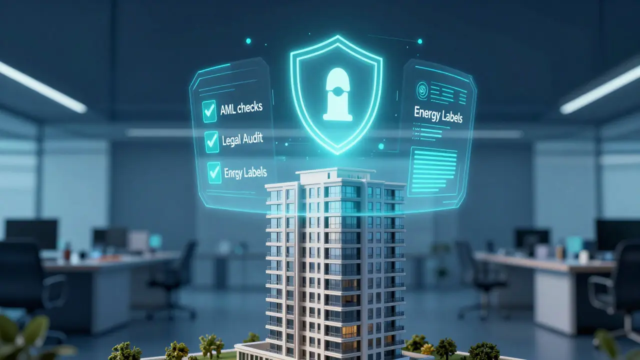 Digitální holografické rozhraní znázornující moderní prověření nemovitosti.