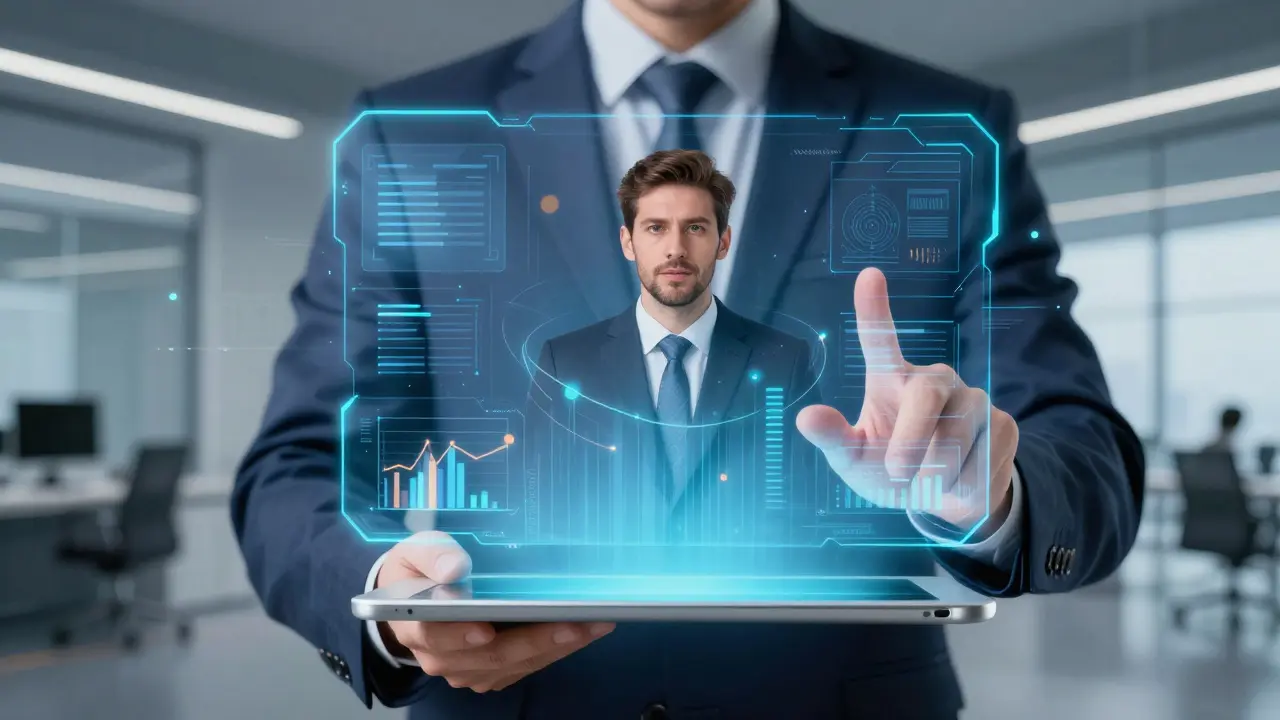 Futuristická představa holografického virtuálního pozadí s AI technologiemi.