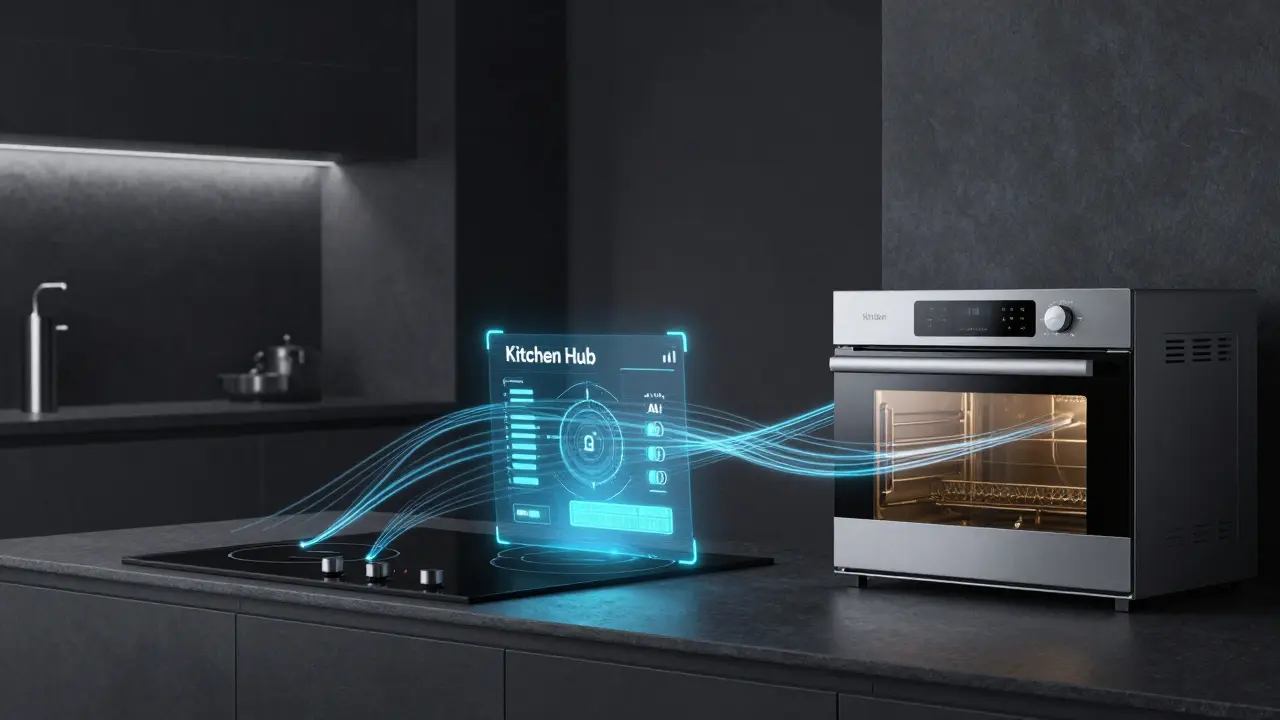 Futuristická vizualizace propojených chytrých kuchyňských spotřebičů s AI rozhraním.