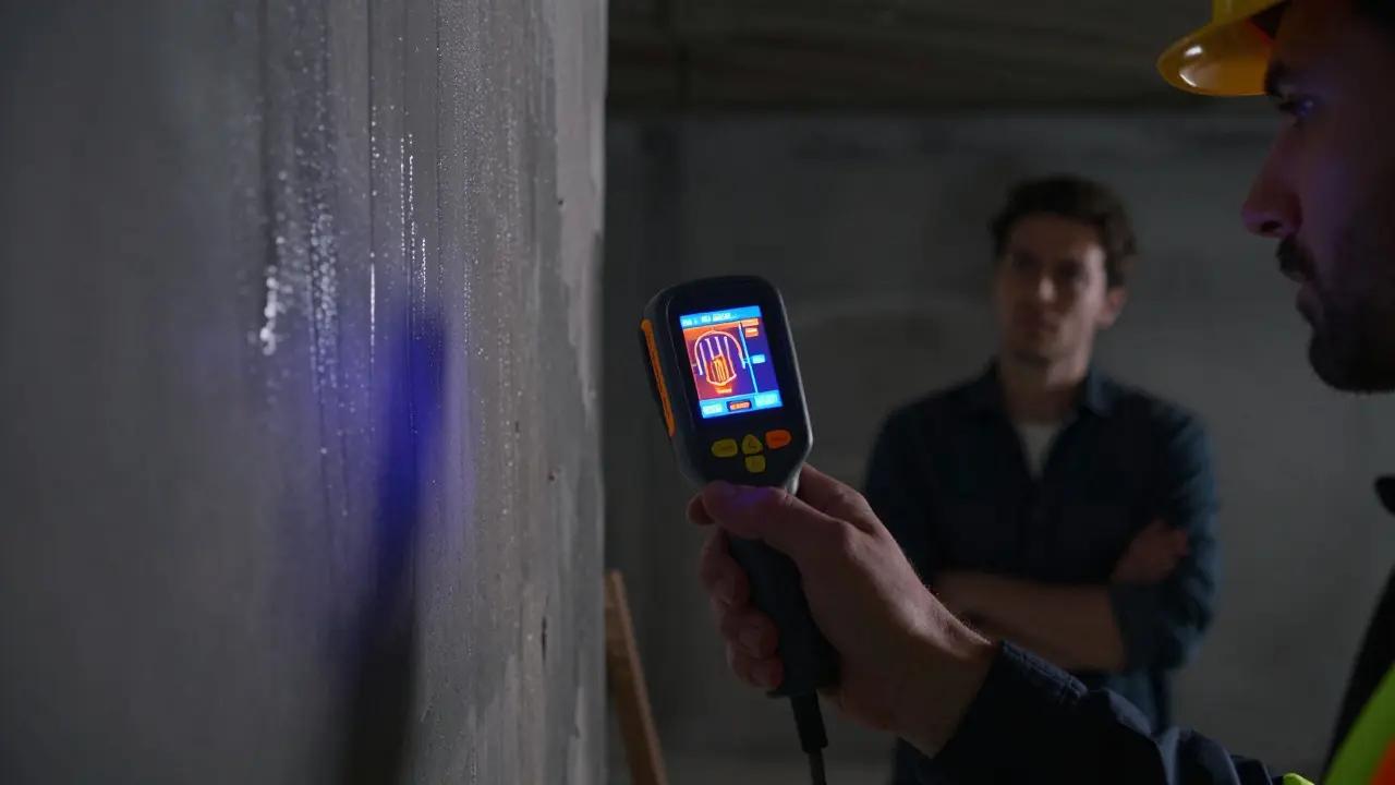 Inženýr kontrolující vlhkost stěny v suterénu pomocí speciálního přístroje.