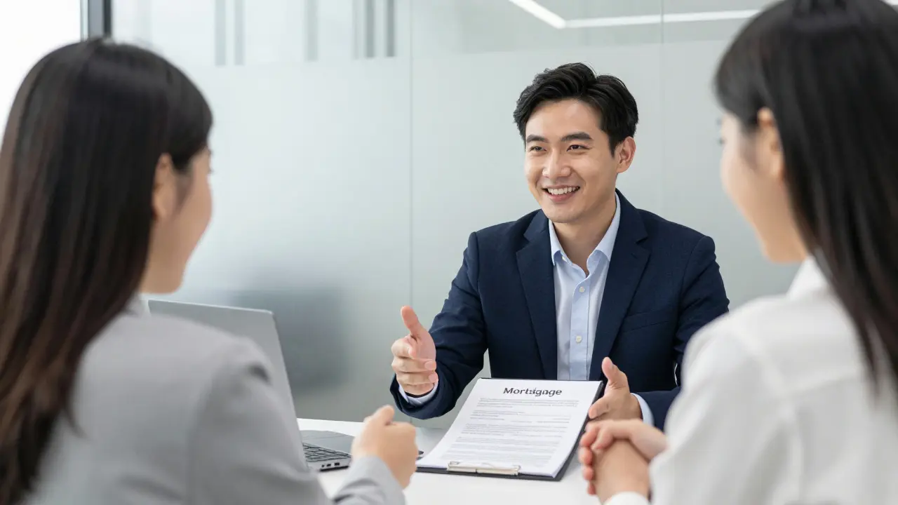 Klientská schůzka v moderní bance při schvalování hypotéky.