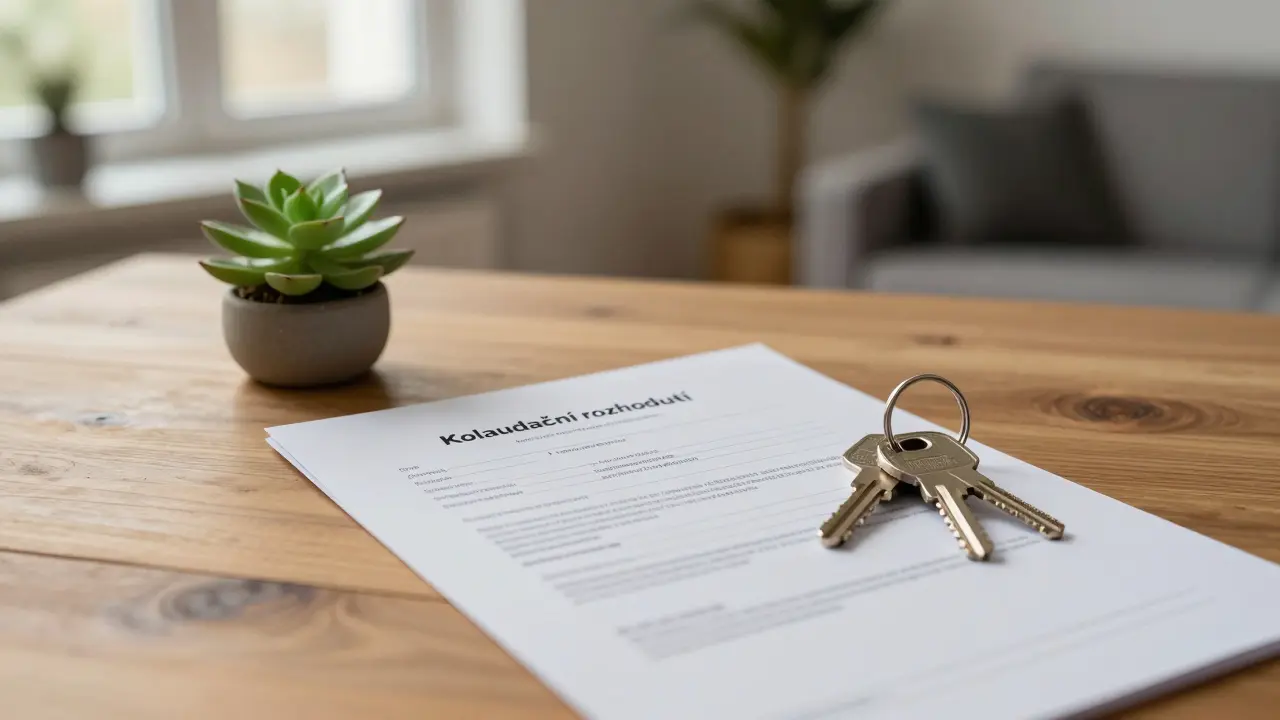 Kolaudační rozhodnutí a klíče od nového rodinného domu na stole.
