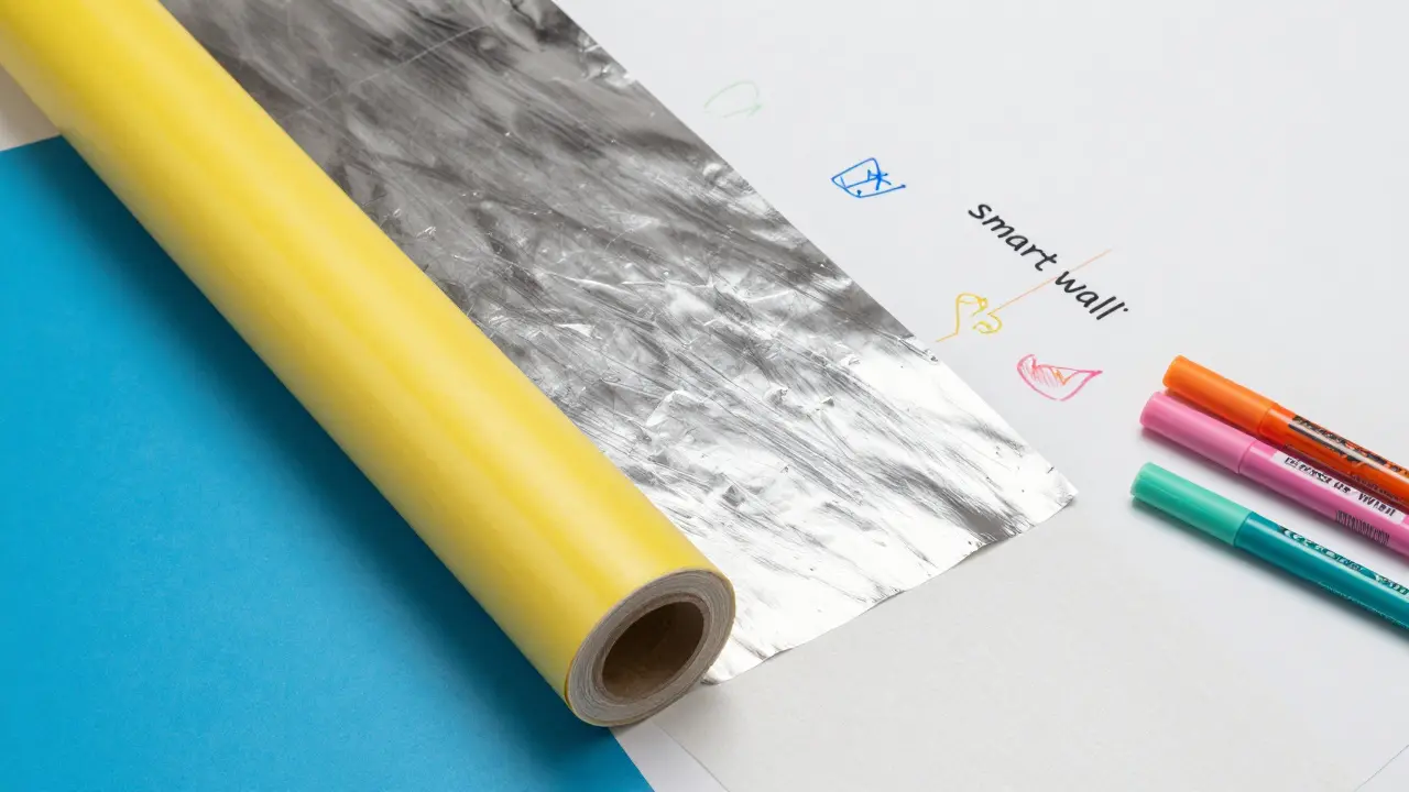 Kolekce různých samolepicích tapet včetně kovové a popisovatelné varianty.