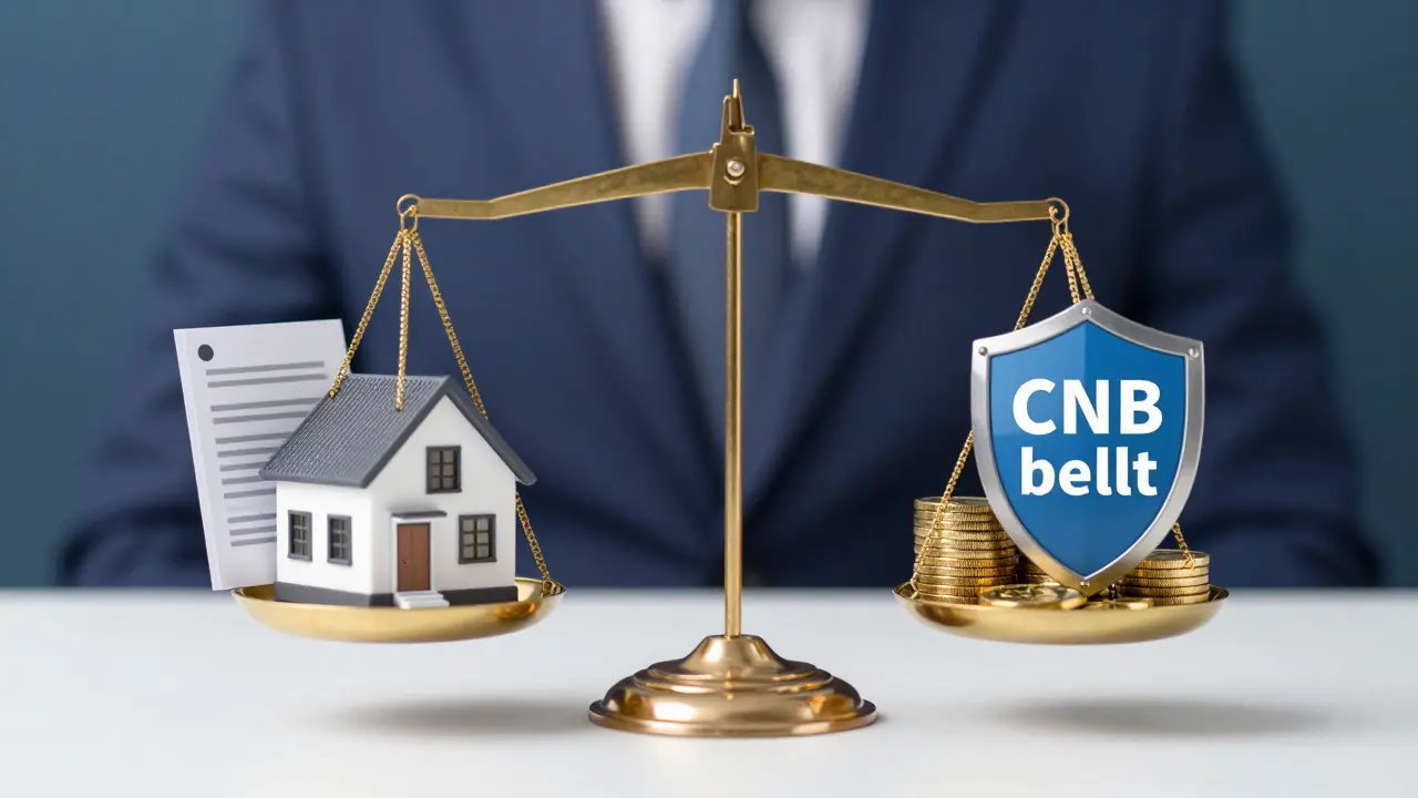 Konceptuální váha s domem a zlatými mincemi znázorňující finanční rovnováhu a bezpečnost.