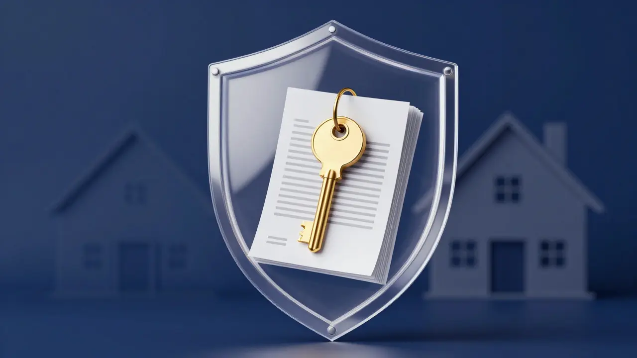 Konceptuální znázornění bezpečného převodu nemovitosti a advokátní úschovy.