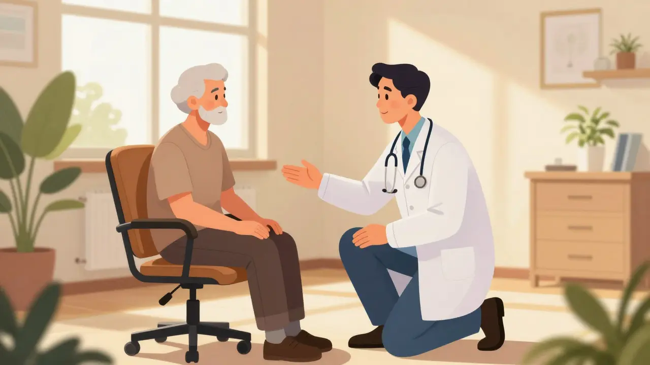 Lékař diskutuje o péči se seniorem v klidné ordinaci