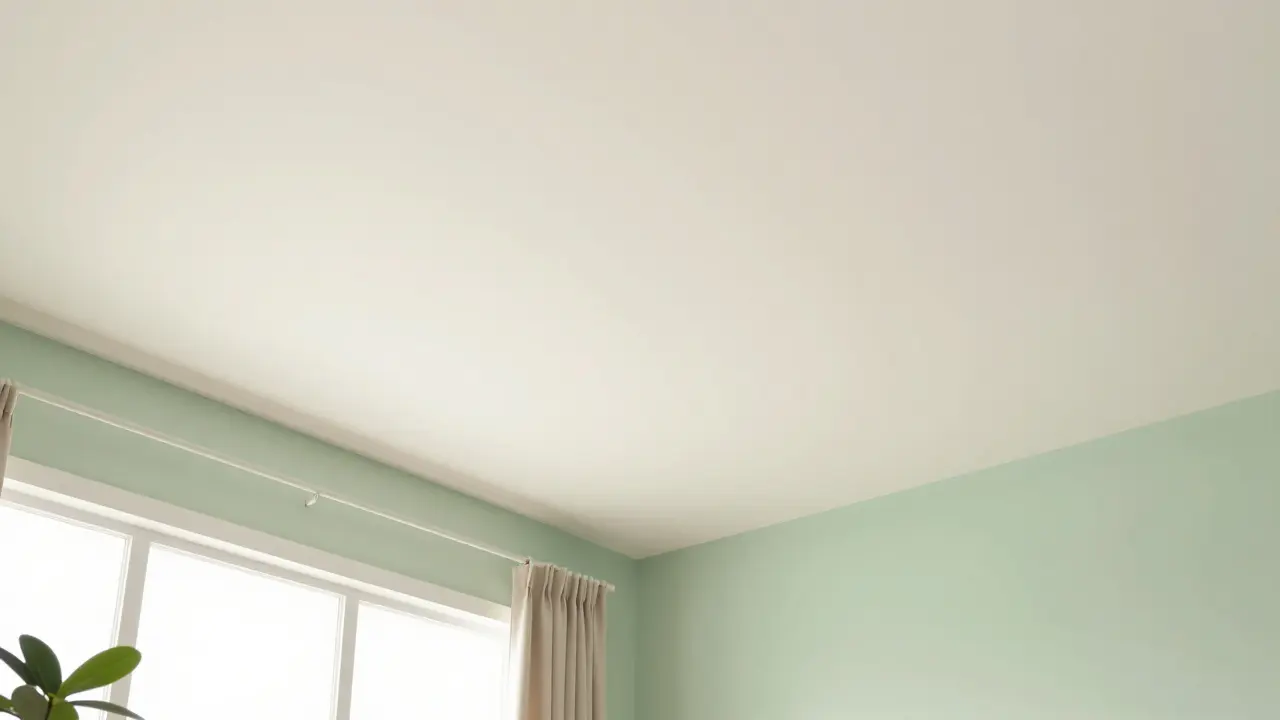 Ložnice s moderním gradientním stropem v odstínech šalvějové zelené.