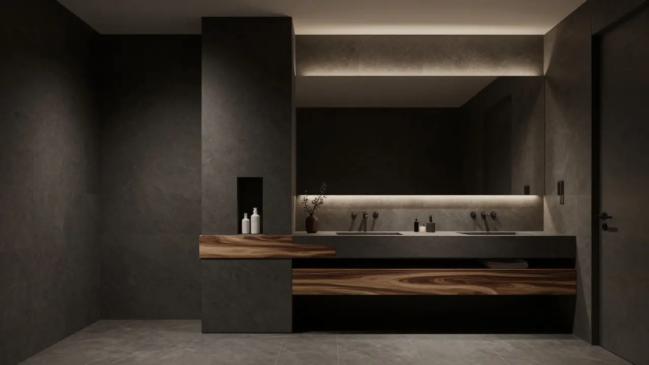 Luxusní koupelna v antracitové a dřevěné kombinaci s nábytkem na míru.